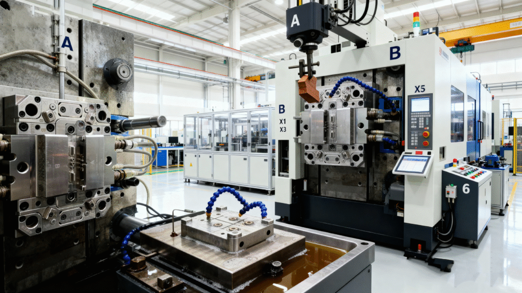 jimeng 2025 10 15 9402 以这两张图为参考，生成一幅高分辨率的横向图片，展现现代塑料模具制造工厂的场景。画...